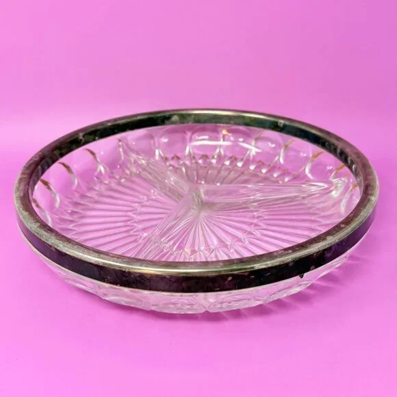 Vintage 1970s Leonard Silver Rim Crystal Divided Bowl - Picture 2 of 4